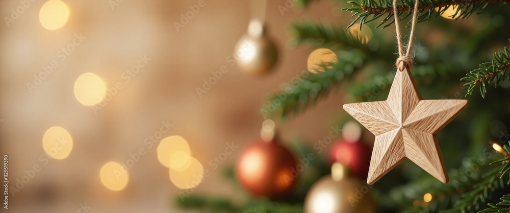 Festive Christmas Ornaments Hanging on Tree with Warm Bokeh Background Festive Christmas Ornaments Hanging on Tree with Warm Bokeh Background