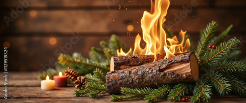 Burning Yule Log with Festive Flames against Rustic Wooden Background