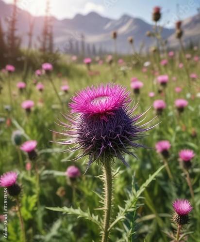 Pink horrid thistle in a grassy meadow wildflower, Italian thistle, flowerhead, invasive, asteraceae