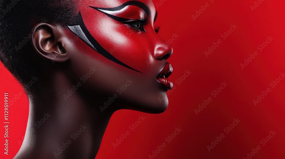 A model showcases striking red face paint in a creative profile pose, set against a bold red background that emphasizes artistic expression and beauty. Generative AI A model showcases striking red face paint in a creative profile pose, set against a bold red background that emphasizes artistic expression and beauty. Generative AI