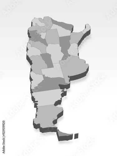 3D  Argentina map with all Provinces in gray. Three dimensional map of Argentina  with shadow on white background for your design, app, UI.  EPS10. 