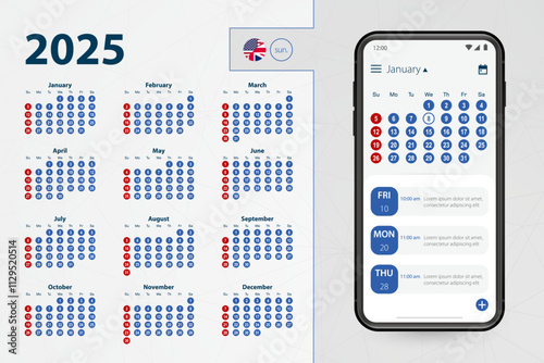 Calendar application for Smartphone. Vector calendar 2025 week starts from Sunday, English language.
