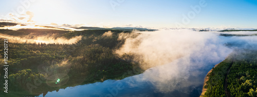 View from the drone in summer at lac Taureau regional park, Quebec, Canada. Aerial view of Taureau Resort. Tent camping on the beach. Best camping sites available for canoe and fishing. 