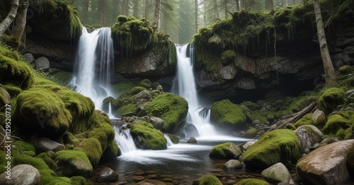 Powerful waterfall surrounded by tall trees and moss-covered rocks in Bayerischer Wald Nationalpark, natural, travel, Bavarian Forest, woods, peaceful