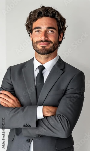 Portrait of a man in a well-fitted suit, standing with arms folded, confident and professional expression, plain white background, soft even lighting, no cinematic effects, vertical frame