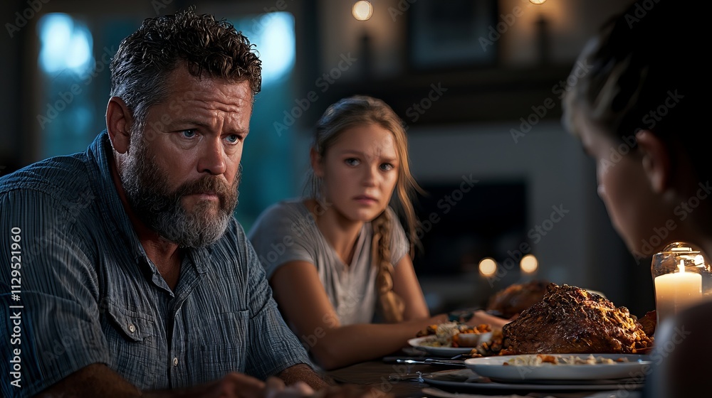 A tense family dinner featuring a bearded middle-aged man and two young girls, illuminated by warm candlelight.