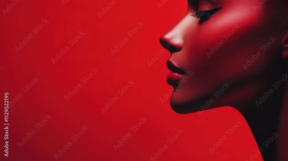 This striking profile highlights smooth facial features against a vivid red background, emphasizing the artistry of makeup and dramatic lighting. Generative AI