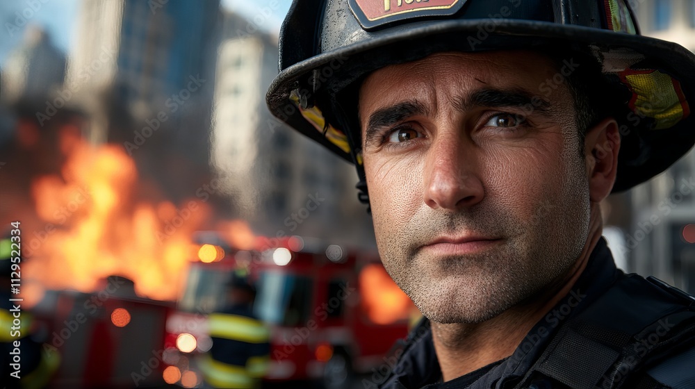 Close-up of a male firefighter with a determined expression, set against a backdrop of flames and emergency vehicles.