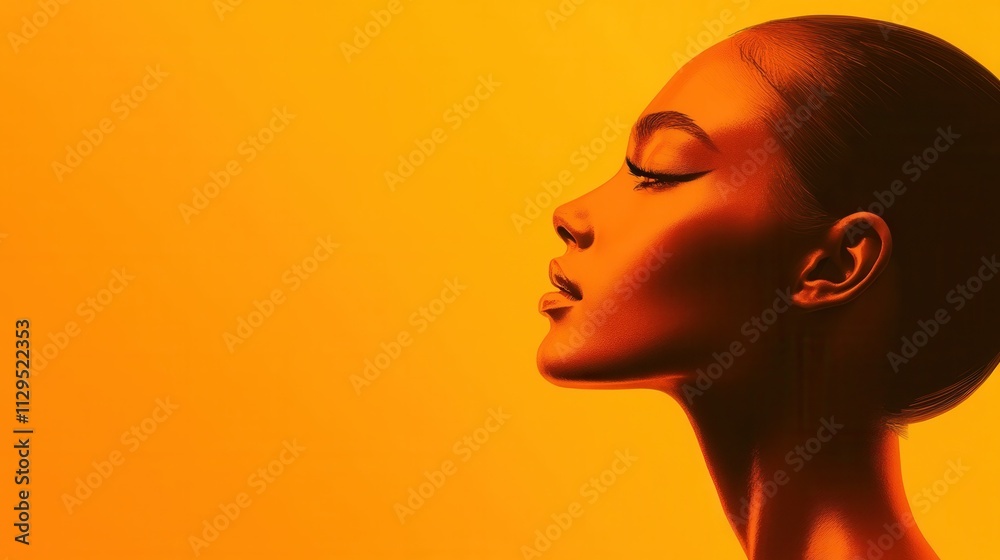 A person poses elegantly with side profile highlighted by a bold orange backdrop, emphasizing facial features and skin tone in a striking way. Generative AI A person poses elegantly with side profile highlighted by a bold orange backdrop, emphasizing facial features and skin tone in a striking way. Generative AI