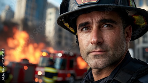 Close-up of a male firefighter with a determined expression, set against a backdrop of flames and emergency vehicles.