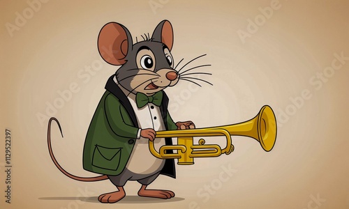 Cartoon mouse wearing a tuxedo and playing the trumpet
