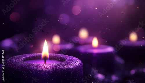 Soft purple glow illuminates flickering candles during a serene evening gathering, creating an enchanting atmosphere perfect for reflection and tranquility