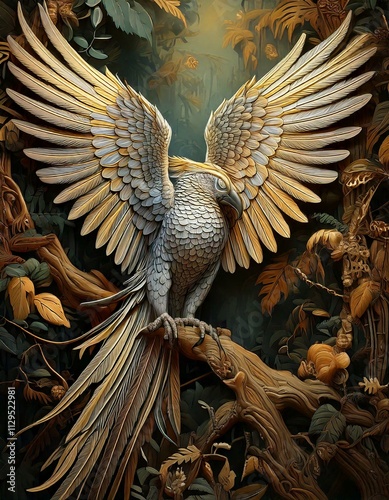 A grey parrot spreading wings in the jungle while perched