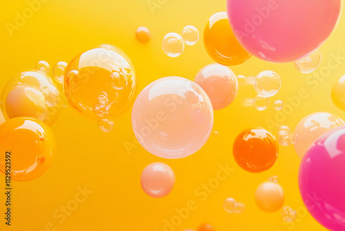 Vibrant floating bubbles in orange and pink hues on yellow background, fun abstract background concept 