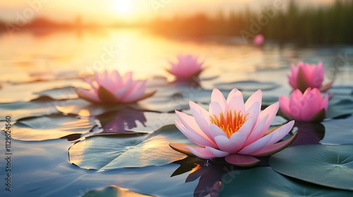 Beautiful pink lotus flowers in full bloom floating on a calm water lake.