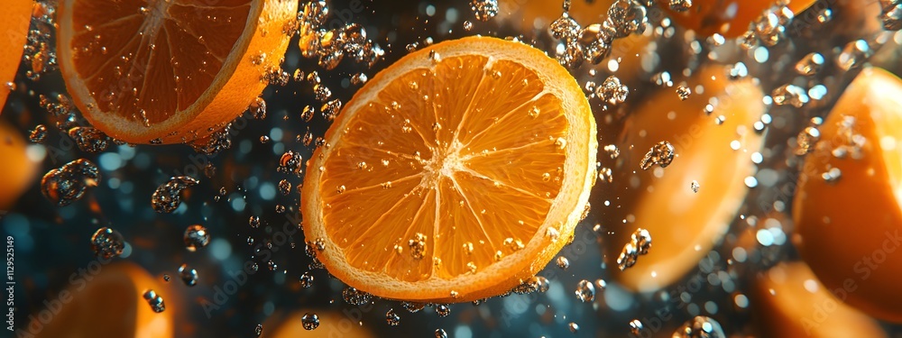 A close-up of orange slices submerged in sparkling water, with light reflections creating an ethereal atmosphere A close-up of orange slices submerged in sparkling water, with light reflections creating an ethereal atmosphere