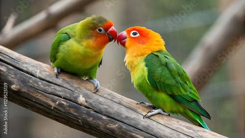 Romantic Lovebirds Kissing on a Rustic Branch at Sunset