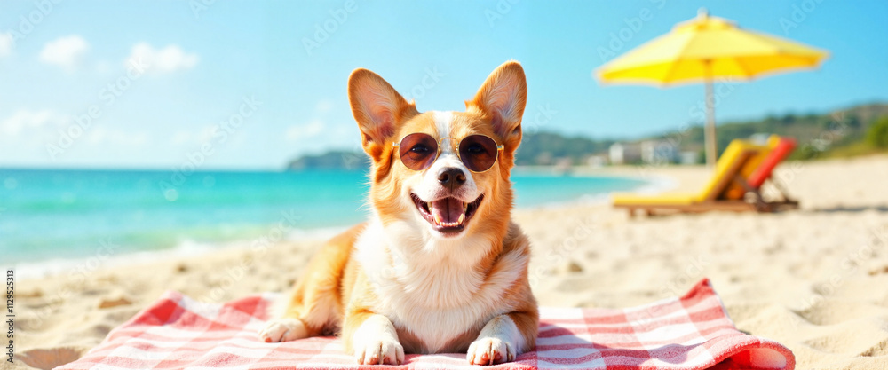 Joyful corgi relaxing on beach towel, summer vacation vibes Joyful corgi relaxing on beach towel, summer vacation vibes