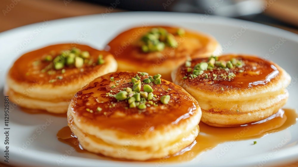 mini pancakes with syrup and pistachio, breakfast mini pancakes with syrup and pistachio, breakfast