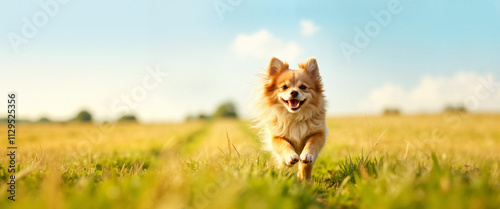 Playful Pomeranian running in sunny field, joyful energy