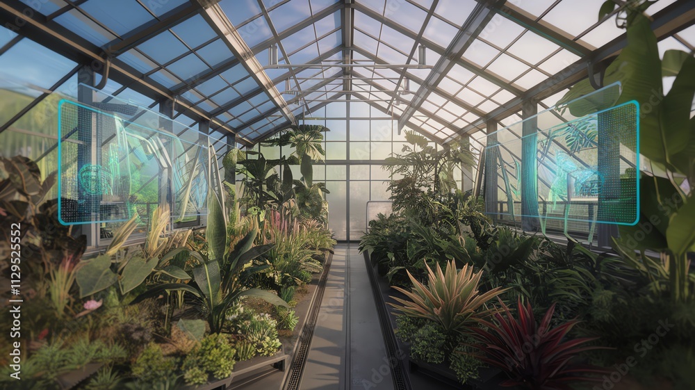 Lush greenhouse interior with vibrant plants and sunlight filtering through glass. Lush greenhouse interior with vibrant plants and sunlight filtering through glass.