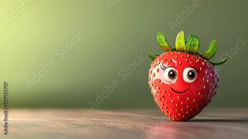 A cute cartoon-style strawberry with big eyes and a smile, set against a soft green background, creating a playful and inviting atmosphere.