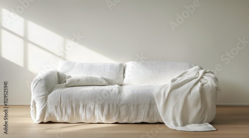 Un canapé blanc protégé par une housse dans une pièce sur un parquet en bois clair, lumière du soleil éclairant le mur vide. photo