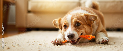 Playful corgi tugs orange toy on carpet, canine companionship