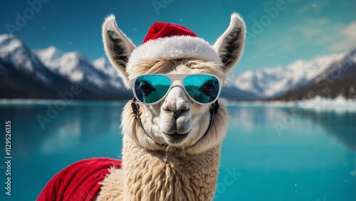 llama in a Santa hat and sanglasses  photo