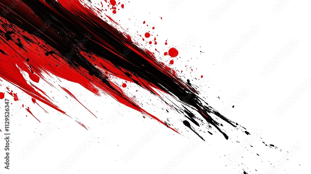 Red and black paint splatter on white background, dynamic abstract design.
