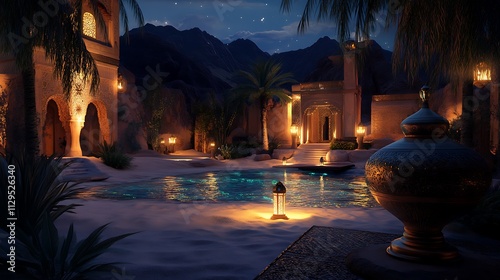 Nighttime Oasis Desert Palace Illuminated By Lanterns