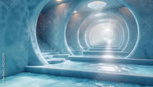 Fototapeta Naklejka Na Ścianę i Meble -  A long tunnel with a blue waterway