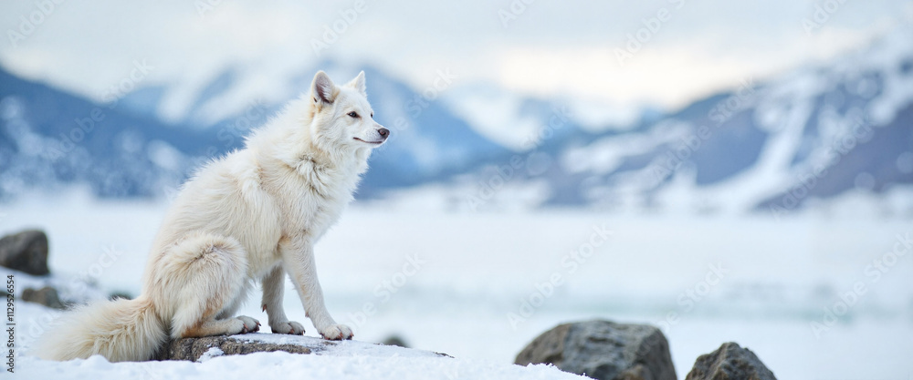 Arctic fox sits on icy rock by frozen lake, winter wildlife Arctic fox sits on icy rock by frozen lake, winter wildlife