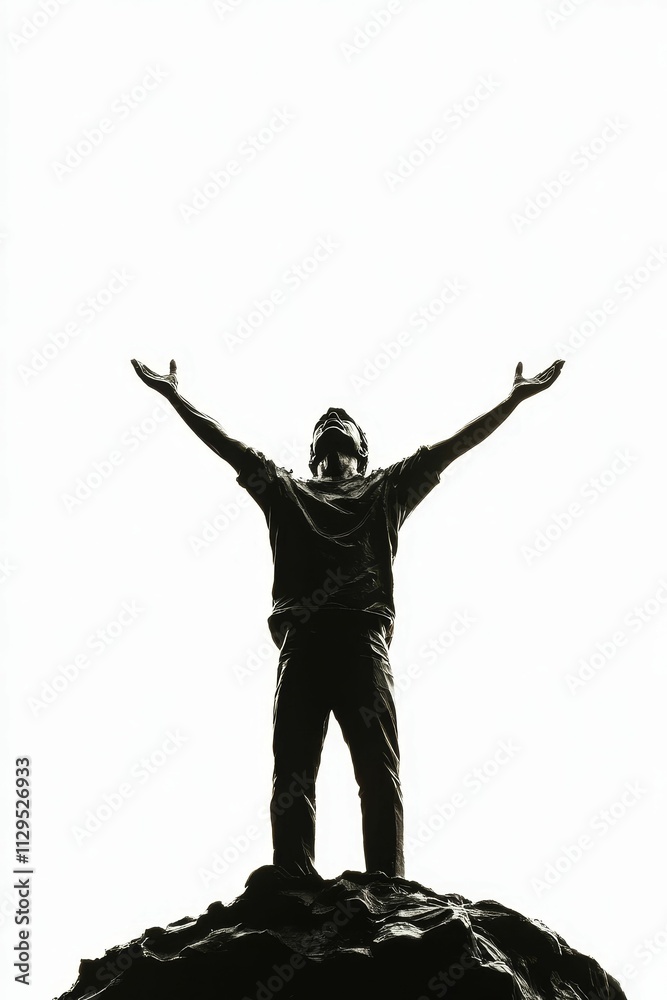 Dark statue, arms raised, atop rock, bright background. Dark statue, arms raised, atop rock, bright background.