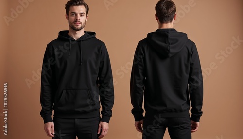 Mockup of a black hoodie displayed on a model from front and back views with a mocha mousse-colored background