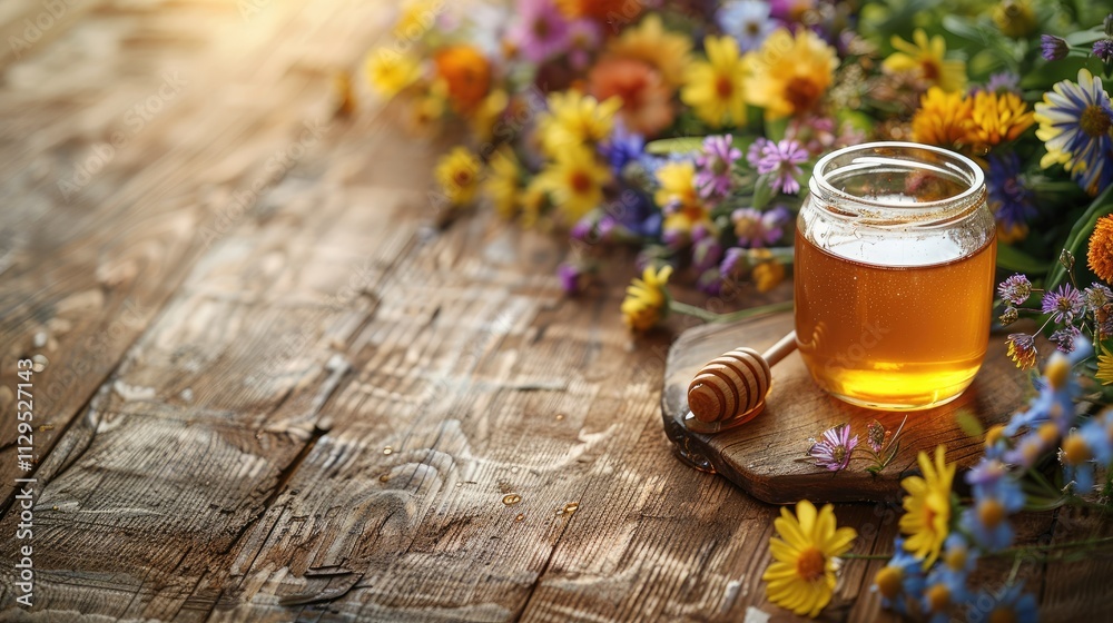 Honey pot with wildflowers on rustic wooden table. Honey pot with wildflowers on rustic wooden table.