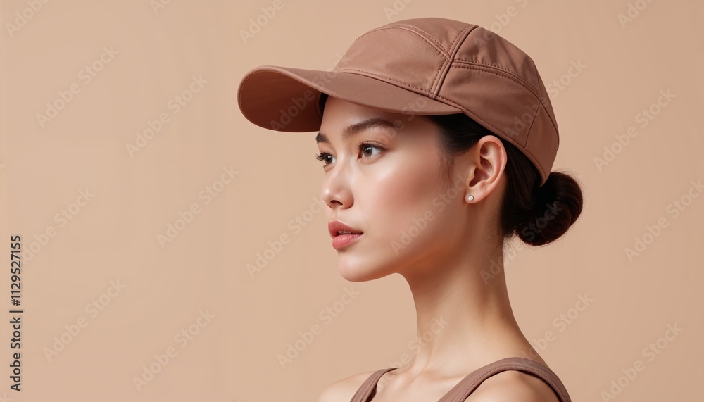 Mockup of a mocha mousse-colored baseball cap on a model with a matching background Mockup of a mocha mousse-colored baseball cap on a model with a matching background