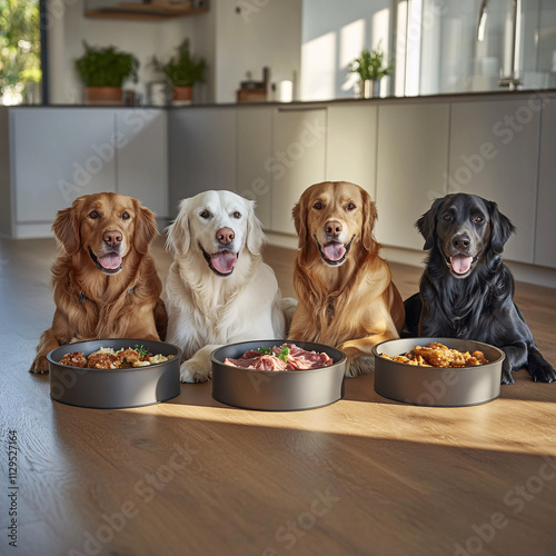 Group of Adorable Dogs Sitting Beside Food Bowls in a Bright Modern Kitchen for Pet and Lifestyle Themes photo