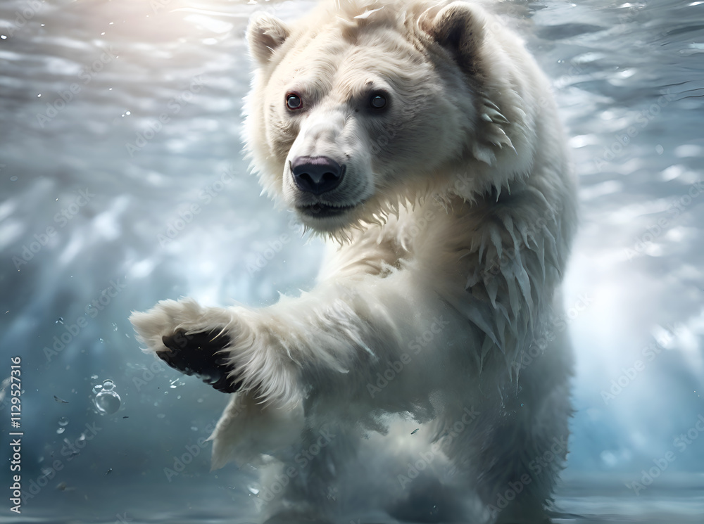 artwork with beautiful white bear swimming under water in Arctic ocean. close up. natural style Ai generated
