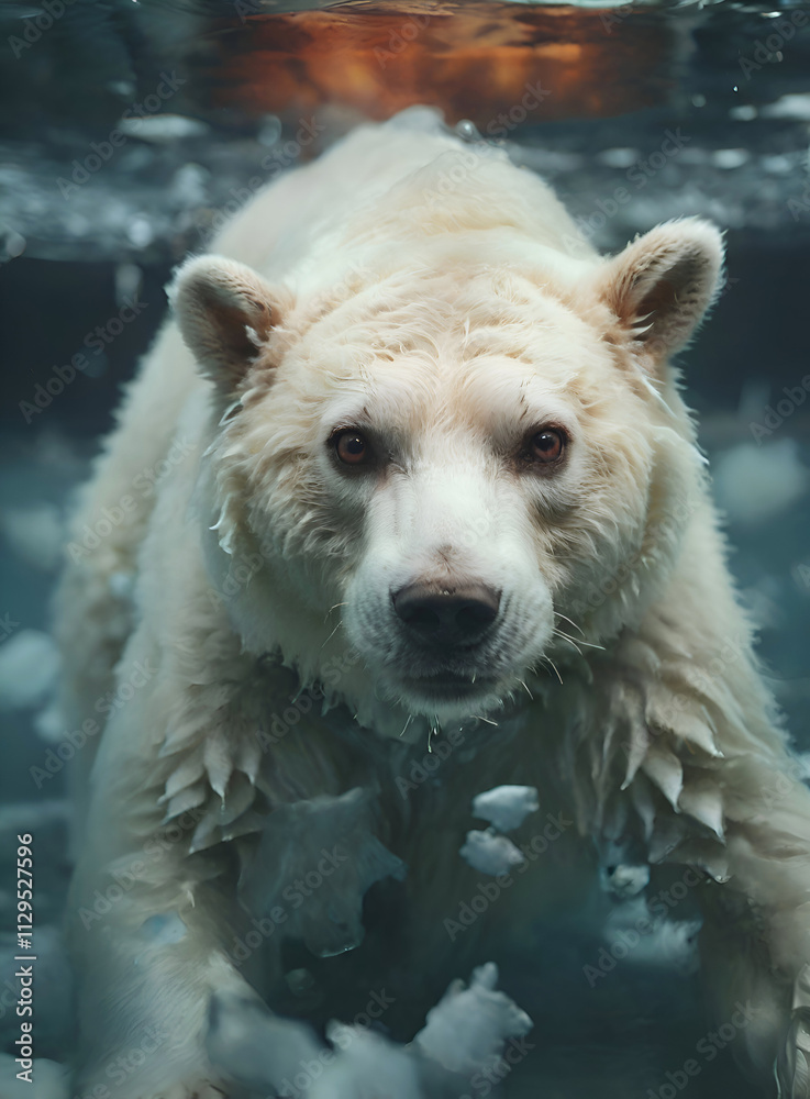 artwork with beautiful white bear swimming under water in Arctic ocean. close up. natural style Ai generated