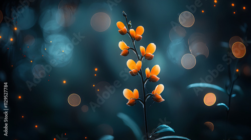 stunning macro photograph of butterfly orchids with vibrant orange blooms, set against dreamy, blurred background photo