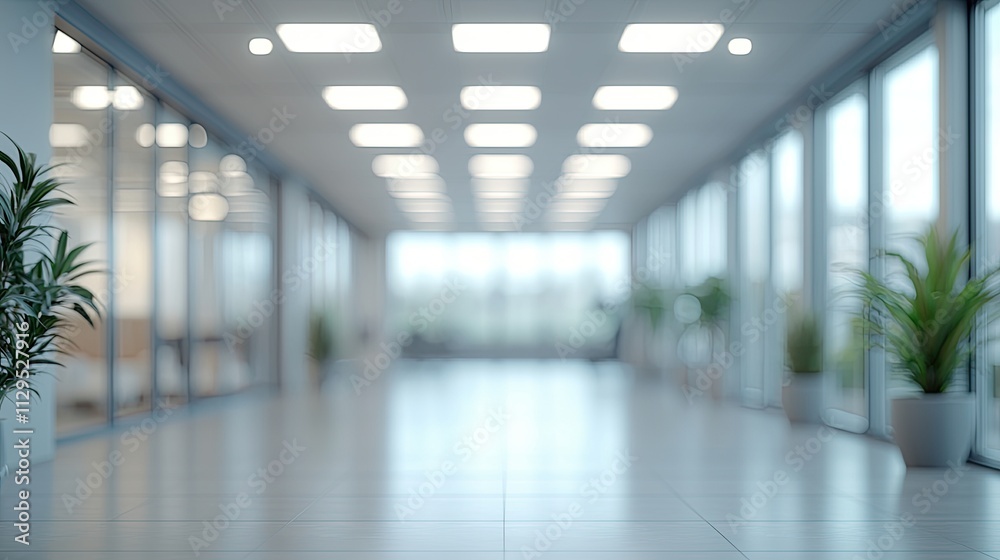Bright and spacious office hallway with modern decor and natural light Bright and spacious office hallway with modern decor and natural light