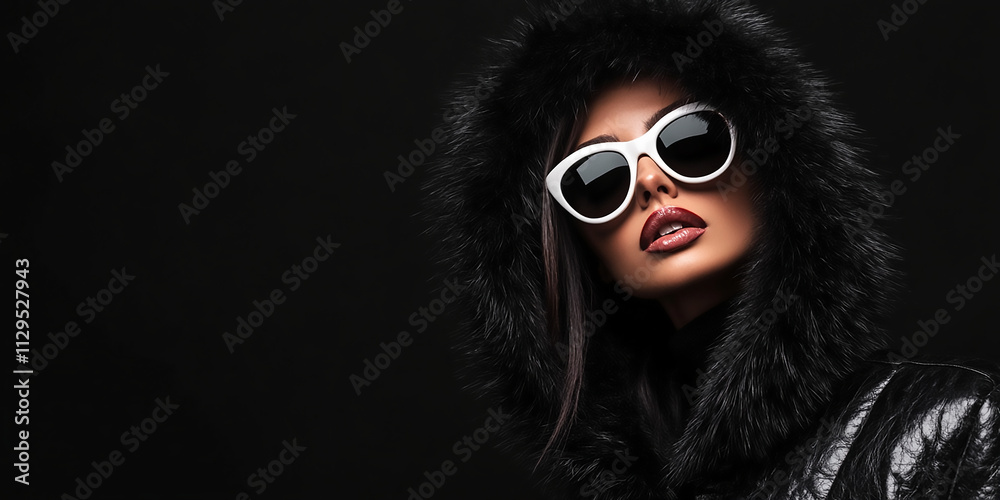 A fashionable woman in sunglasses and a black winter coat on a black background, copy space A fashionable woman in sunglasses and a black winter coat on a black background, copy space