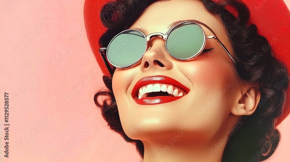 Vibrant Holiday Portrait: Joyful Woman in Decorative Red Hat, Stylish Sunglasses, and Curly Hair Against Soft Pink Background - Perfect for Your Sports Interior Poster! Vibrant Holiday Portrait: Joyful Woman in Decorative Red Hat, Stylish Sunglasses, and Curly Hair Against Soft Pink Background - Perfect for Your Sports Interior Poster!