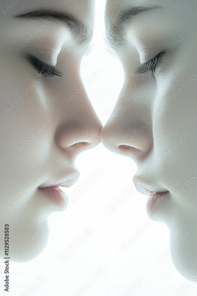 Two faces, eyes closed, noses touching, serene intimacy. Two faces, eyes closed, noses touching, serene intimacy.