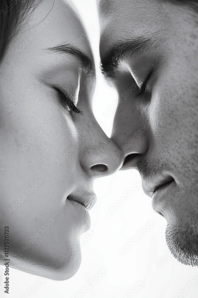 Obraz premium Close-up grayscale image of couple's faces, eyes closed, about to