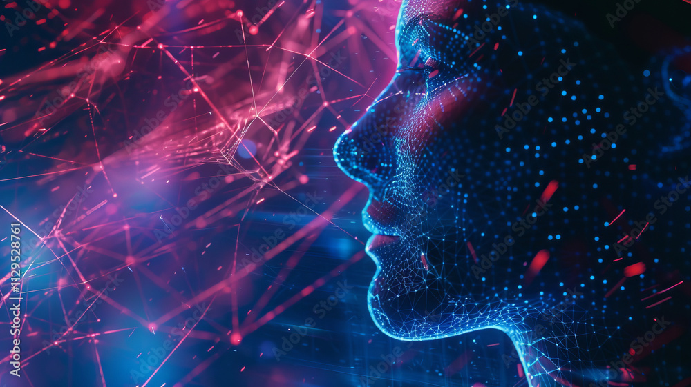 AI Futuristic Digital Human Face in Abstract Data with neural network connections 5g technologist, neon light. AI Futuristic Digital Human Face in Abstract Data with neural network connections 5g technologist, neon light.