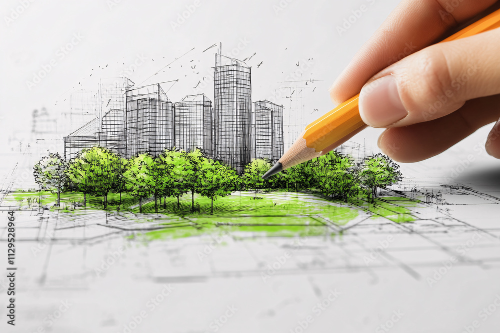 Artist drawing a cityscape with green spaces and skyscrapers using a pencil on detailed architectural plans
Artist drawing a cityscape with green spaces and skyscrapers using a pencil on detailed architectural plans
