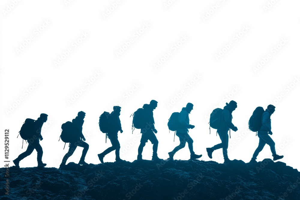 Hikers ascend a hill, silhouetted against light. Hikers ascend a hill, silhouetted against light.