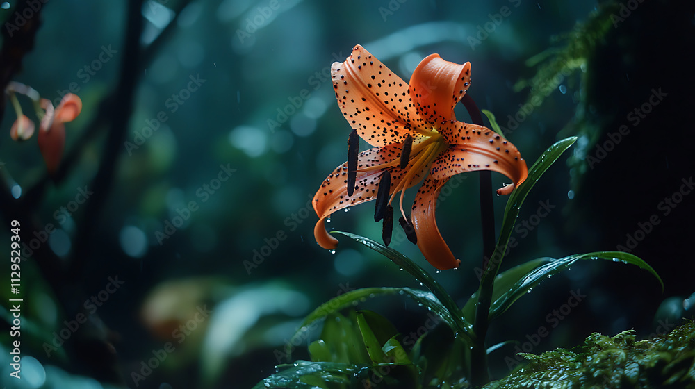 dreamy macro photograph of tiger lily, showcasing its vibrant orange petals and delicate details in lush, misty environment